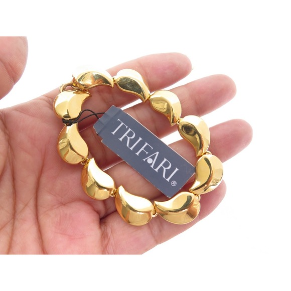 TRIFARI DESIGNER SIGNED GOLD PLATED PAISLEY LEAF WIDE LINKED BRACELET NEW W TAGS - Picture 5 of 6